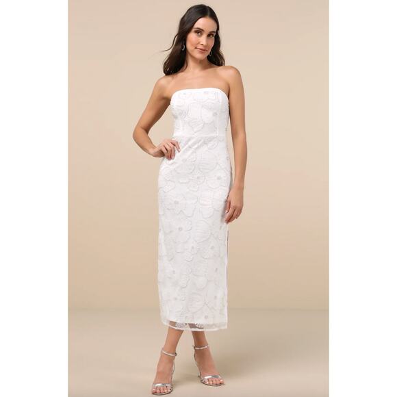Lulu's Dresses & Skirts - Lulus Loving Mentality White Tulle Beaded Strapless Midi Dress Cocktail XL NWT